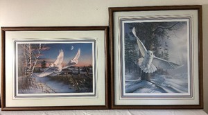 Pair of Snowy Owls Framed Wildlife Prints by James Meger - Crescendo 11501500 and Snowy Pursuit 229950