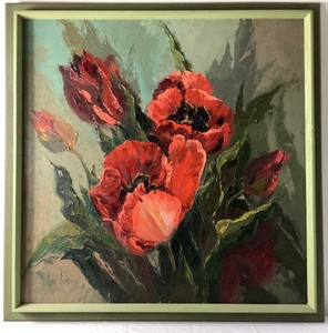 Original Framed Poppy Oil Painting by Rose Edin - 34 x 34