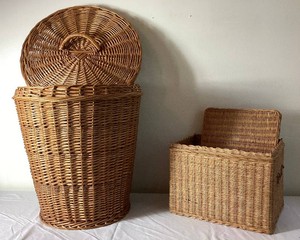 Pair of Wicker Assessories - Natural Wicker Laundry Basket with Woven Lid and Handle 23 H and Wicker Box with Lid and Handles 10.5 H