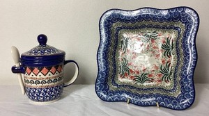 Polish Pottery - Handpainted UNIKAT Brewing Mug with Spoon and Boleslawiec 8 Dish
