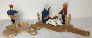 Two Handmade Folk Art Paddle Toys by Dave Stevens - 1986 Splitting Wood & Feeding Geese Paddle and 1988 Farmer and Pigs Paddle