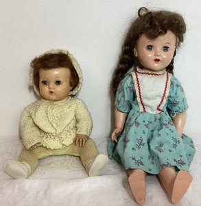 Pair of Vintage Dolls - Ideal Saucy Walker Doll  18H in Blue Patterned Dress, Unmarked Baby Doll 12 in Crocheted Yellow Sweater Set