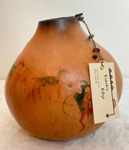 Native American Style Hand Painted Gourd - Utah - Redrawn Rock Art  The Hunt with tags from Earths Edge