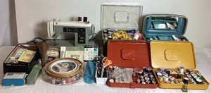 Vintage Sewing Collection with Sears Kenmore Model 33 Sewing Machine and Several Sewing Cases with Supplies