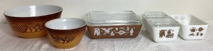 Vintage Pyrex Bundle of  Early American Set of Refrigerator Dishes with Lids plus Old Orchard Mixing Bowls - #401 & #403
