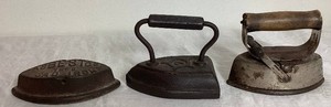 Vintage Geneva III Sad Iron and 2 Asbestos Sad Irons (1 with Wooden Handle)
