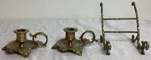 Ornate Brass Bundle - Pair of Vintage Candleholders and Griffin Display Easel