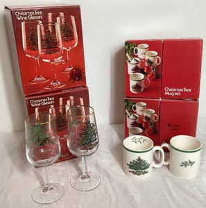 Spode Christmas Tree Mug Sets- Set of 8 and Christmas Tree Wine Glasses - Set of 8