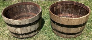 Two Rustic Half Barrel Planters from Reclaimed Oak Whiskey Barrels