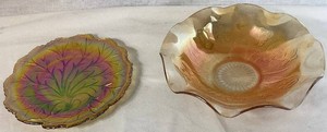 Marigold Iridescent Bundle of Indiana Glass Co. Tree of Life Pattern Plate and Jeannette Glass Iris and Herringbone Ruffled Edge Bowl
