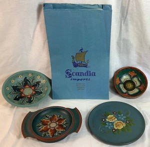 Assortment of Handpainted Norwegian Style Decorative Wooden Dishes and Table Prayer Print