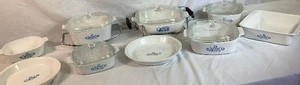 Vintage Blue Cornflower CorningWare Casserole and Serving Dishes plus Blue Colonial House Amana Radarange Browning Skiller