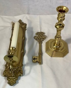 Brass Stiffel Candlestick, Ornate Wall Hanging Candlestick and Skeleton Key
