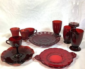 Royal Ruby Red Collection of Tumbles, Teacups, Plate, Tray and Hurricane Candle Lamp