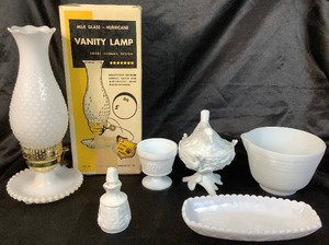 Milk Glass Bundle with Vanity Lamp, Bird on Nest, Cruet, Relish Dish, Mixing Bowl and Sherbet Dish