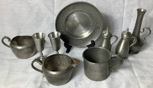 Collection of Pewter Serveware - Salt & Pepper Shakers, Creamer & Sugar, Pair of Cordial Cups, Teacup & Saucer and Bud Vase