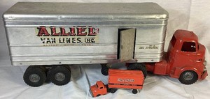 Pair of Vintage Allied Van Toy Trucks - 12.5 Linemar Co., Inc. Orange Lithographed Tin with Friction Motor and 23 Wyandotte Toys Tractor-Trailer Semi Truck