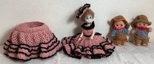 Pair of Vintage Cupie Dolls in Crochet Western Wear and Vintage PinkBlack Crochet Bed Doll with Hidden Toilet Paper Holder Option