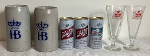 Beer Collectors Bundle- 2 HB Hofbrauhaus Beer Steins Gray Stoneware, 3 Vintage 1970s Schlitz 12 oz Aluminum Pull Tab Beer Cans and 2 Vintage Footed Old Milwaukee Pilsner Glasses