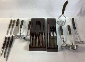 Two Cutco Brown Bakelite Holders with Knives & Forks plus Cutco Kitchen Utensils
