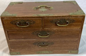 Vintage Japanese Tansu Wood and Brass Four Drawer Jewelry Box