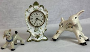 Phinney Walker Porcelain Mantel Clock and Two Lamb Figurines