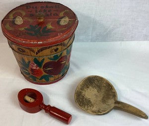 Vintage Hand Painted Firkin Bucket, Primitive Butter Paddle and Wood Screw Nutcracker