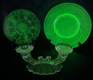 Two Uranium Glass Plates and Double Cornucopia Candle Holder