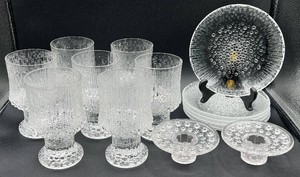 Iittala Ultima Thule Footed Glasses, Bread & Butter Plates by Tapio Wirkkala plus Two Stellaria Candle Holders by Kjell Blomberg