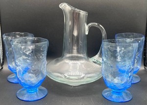 Set of Four Blue Crinkle Footed Water Goblets and Vintage Water Pitcher