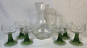 Set of Six Schott Zwiesel Ruwer Green Stem Claret Wine Glasses plus a Vintage Glass Pitcher