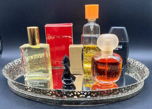 Vanity Mirrored Tray with Perfume Bottles featuring Bodacious, Donna Karan, Drakkar, Jontue and Monsieur Musk