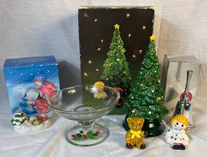 Avon Christmas Collection of Merry Christmas Tree Hostess Set, Musical Figurine, Silverplated Hostess Bell and Holiday Hostess Compote Dish