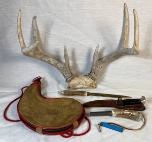 Outdoorsman Package includes 8 point Whitetail Deer Antlers, Vintage Case Fixed Blade Knife, Canteen, Stag Antler Letter Opener  & Fire Steel