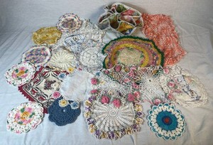 Bundle of Vintage Colored Doilies and One Bun Warmer in Various Sizes and Shapes