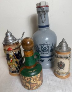 German Steins, Stoneware Growler and Leather Wrapped Decanter Assortment