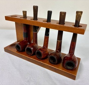 Vintage Wood Pipe Rack and 5 Vintage Estate Smoking Pipes
