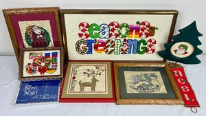 Collection of Vintage Crewel Embroidery and Cross Stitch Holiday Decorations