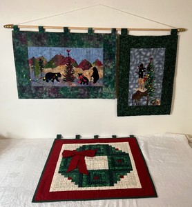 Three Handmade Quilted and Appliqued Holiday Wall Hangings - O Christmoose Tree, Jingle Bear Rockand Holiday Log Cabin Wreath