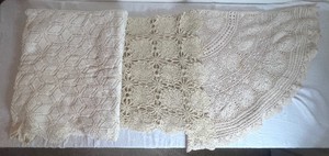 Three Vintage Handmade Crocheted TableclothsCoverlets 76 x 50 Ecru, 80 x 192 Off White and Round 56 Diameter