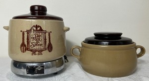 Vintage West Bend Electric Colonial Crock Bean Pot and Hearthside Hand Painted Stoneware Bean Pot