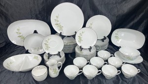Noritake Soroya White China Set #6853 with Green Floral Accents and Platinum Trim