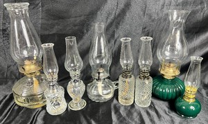Collection of 8 Lamplight Farms Menomonee Falls, WI  Vintage Glass Hurricane Oil Lamps