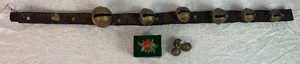 Vintage Brass Sleigh Bells Mounted on Leather Strap 3 Small Antique Brass Bells