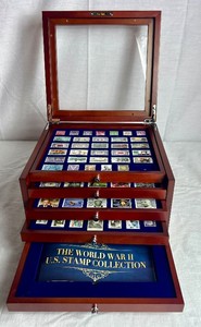 Collection of US World War II Commemorative Stamps in Multi-Tier Display Chest