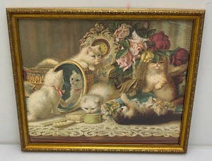 Antique Victorian Cat Picture The Five Senses Victorian Print Framed Behind Glass 18 x 21 12