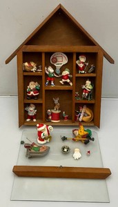 Vintage House Shaped Wall Shelf With Collectible Christmas Santa Ornaments 2 x 12.5 x 14.5