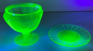 Vintage Anchor Hocking Princess Pattern Green Uranium Glass Footed Compote 5 Tall & Uranium Glass Plate 6 14