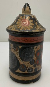 Hand Painted Tonala Pottery lidded Jar 6 Tall Marked Mexico On Bottom (Chip On Lid)