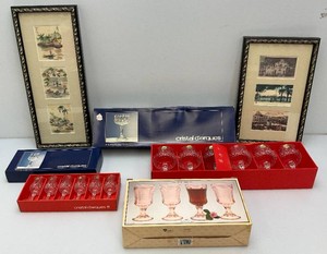 Misc. Vintage Items Including Crystal Glasses In Original Boxes And Framed Behind Glass Postcards